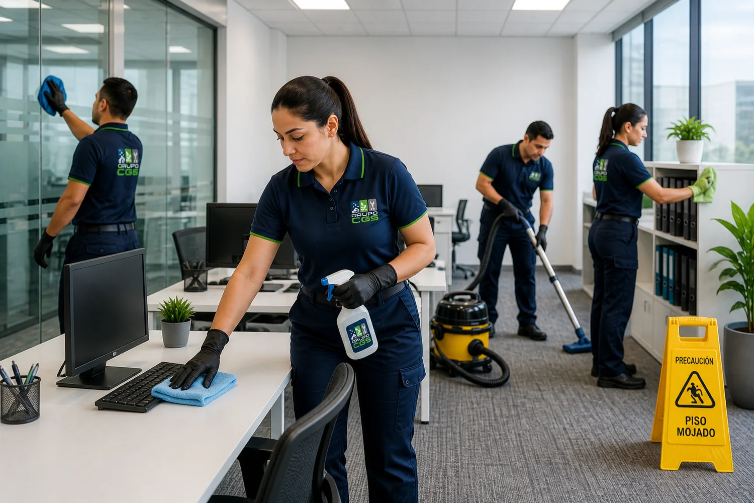 Equipo de Grupo CGS realizando limpieza de oficinas
