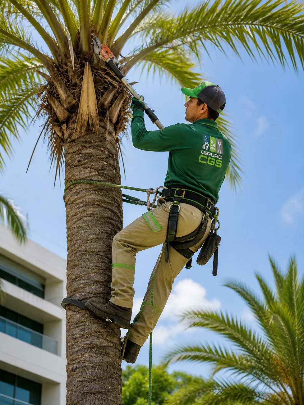 Especialista de Grupo CGS dando mantenimiento a una palmera